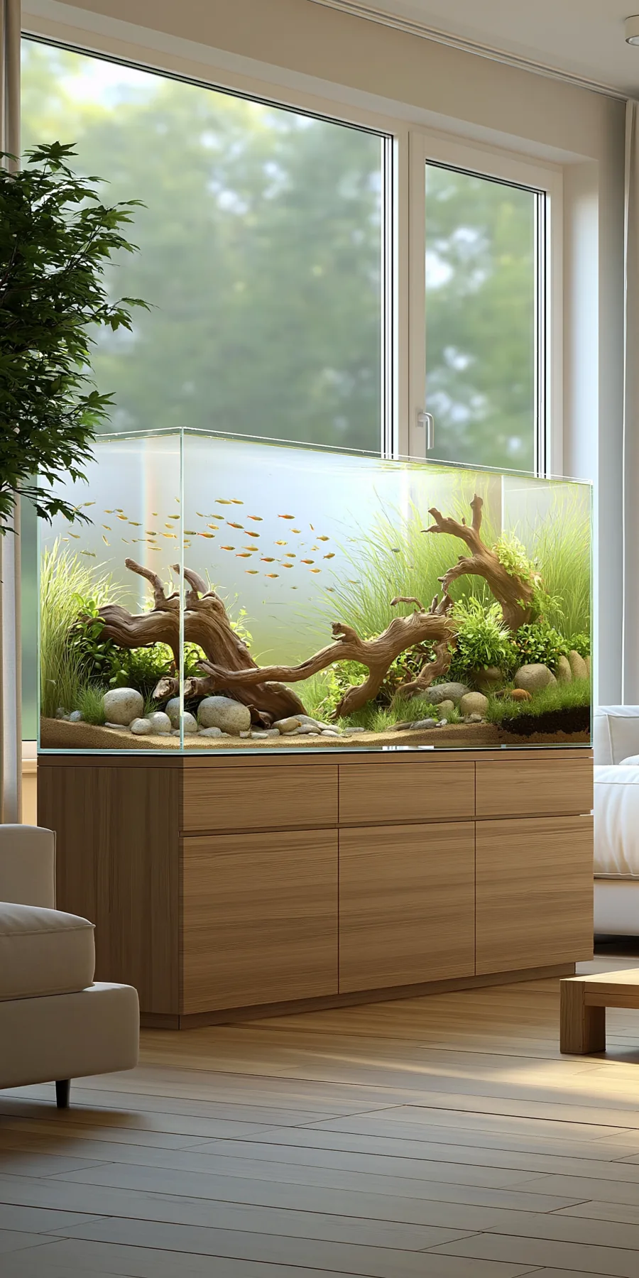 Bright planted aquarium beside a large window