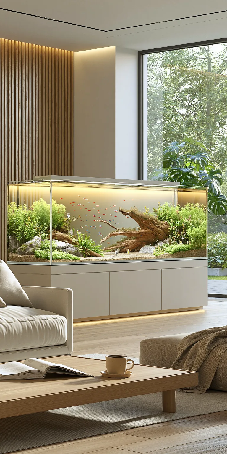 Large planted aquarium in a calm modern living room