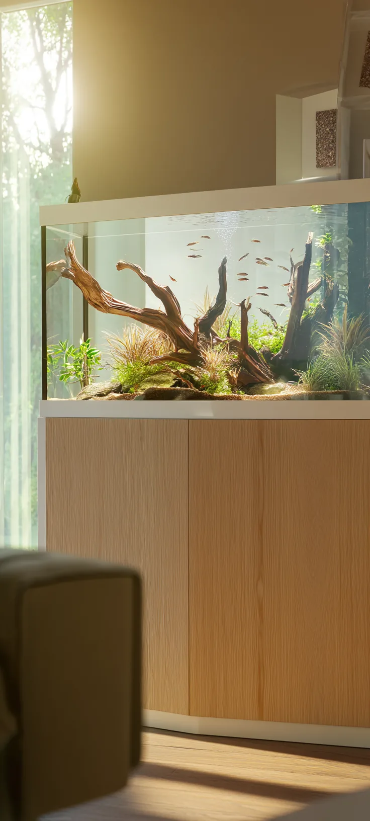 Sunlit planted freshwater aquarium in a calm home interior