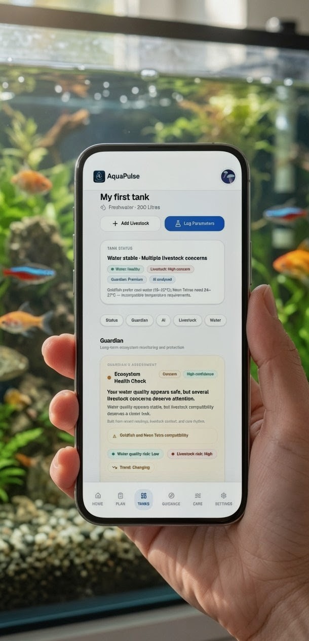 AquaPulse aquarium app displayed on a smartphone in front of a fish tank